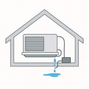 Schematic of ducted air conditioning unit with failed or blocked pump leaking water