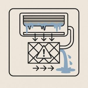 Schematic of ducted AC unit with blocked filter causing frozen coil and water leakage