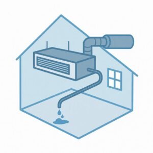 Schematic of ducted indoor unit in attic with drain pipe slope problem causing water overflow