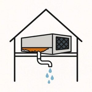 Schematic of ducted air conditioning unit with rusted drain pan leaking water