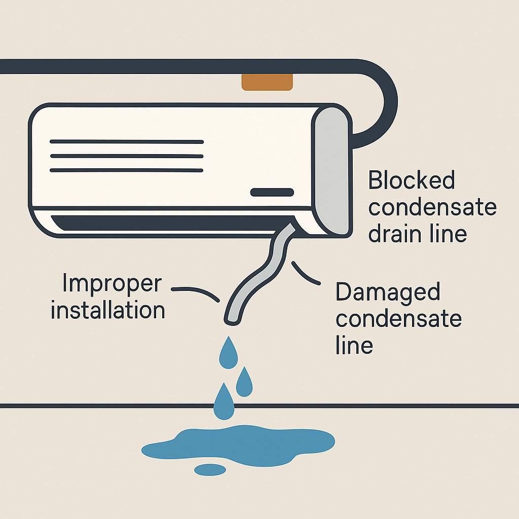 Schematic of wall-mounted split system air conditioner with blocked or damaged condensate line causing leaks