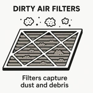 Schematic diagram of dirty air filter capturing dust and debris particles.