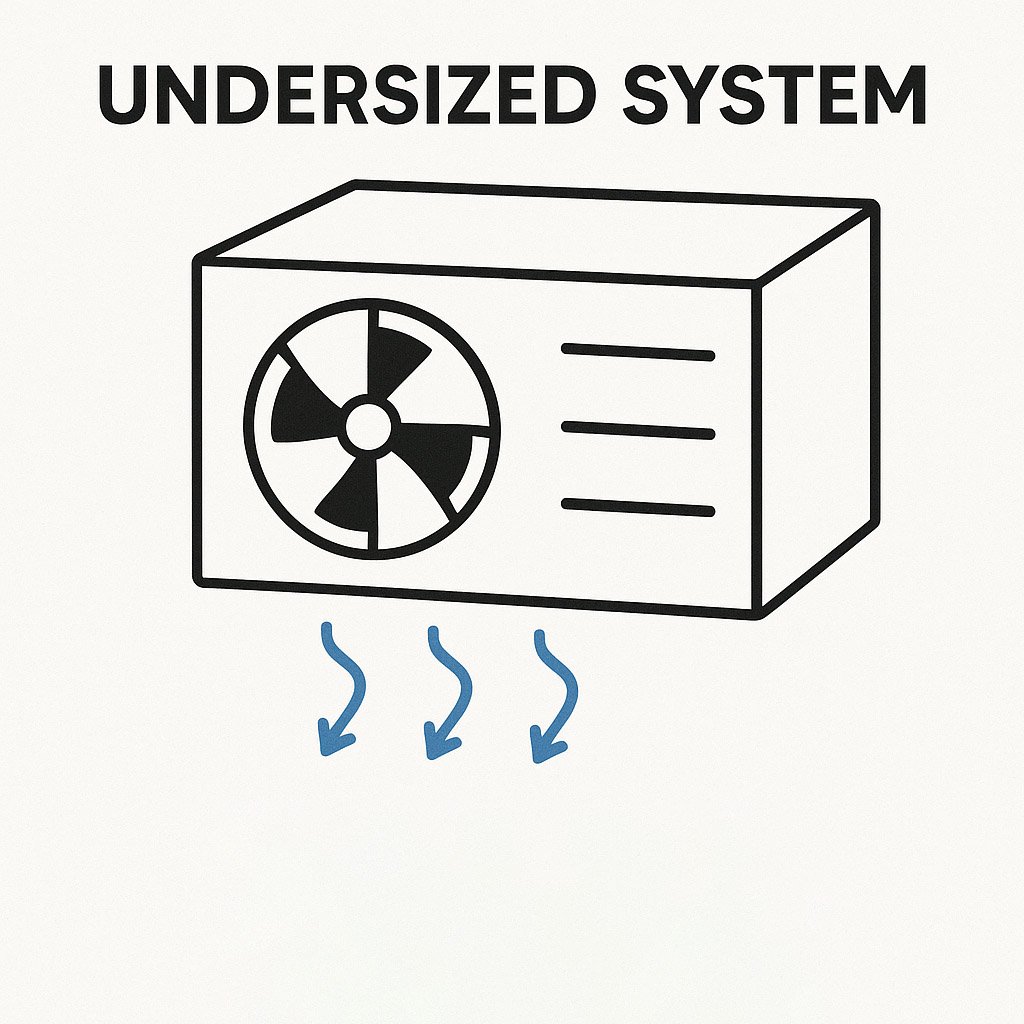 Schematic diagram of undersized air conditioning system with weak airflow arrows.