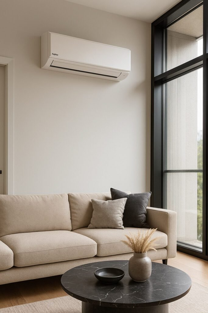 Luxury modern room with a Fujitsu indoor split air conditioning unit on the wall