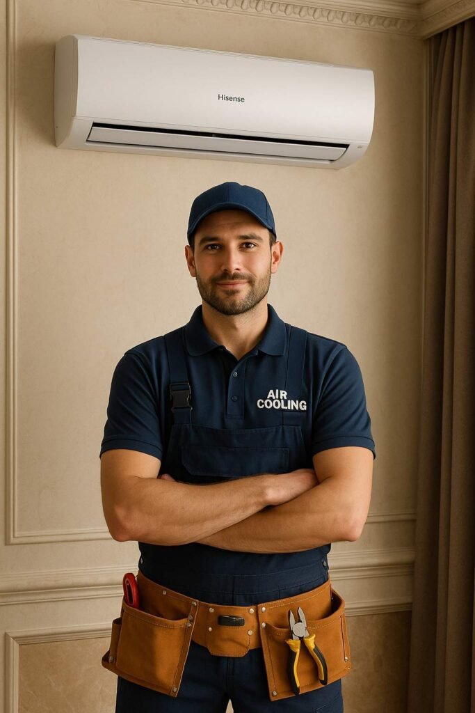 Technician from Air Cooling Experts servicing a Hisense split air conditioning system