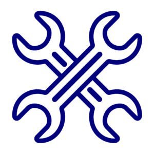 Abstract blue icon with wrenches symbolizing compliance with manufacturer warranties