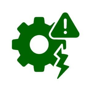Abstract green icon showing fewer unexpected breakdowns with gear, warning, and lightning symbol