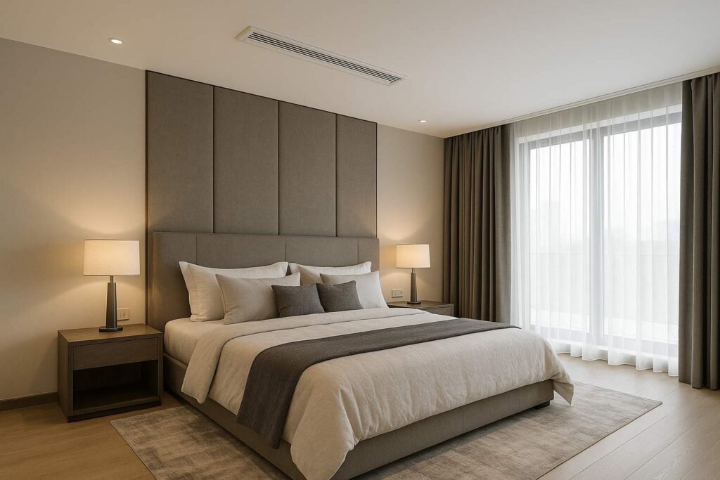 Ultra-luxury bedroom with ducted vent on ceiling, modern furniture, and elegant design.