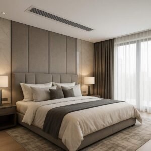 Ultra-luxury bedroom with ducted vent on ceiling, modern furniture, and elegant design.