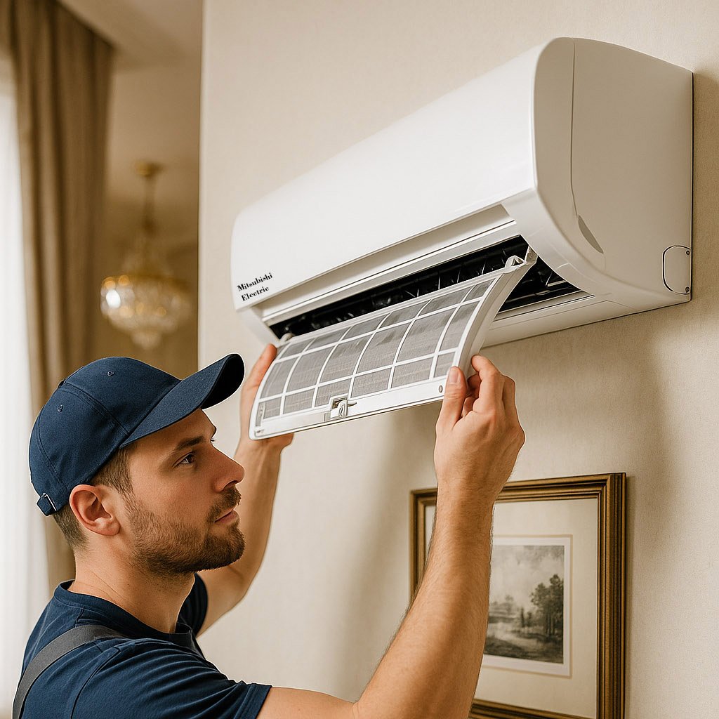 Super realistic image of an HVAC technician opening a wall-mounted indoor split air conditioner in a modern luxury room