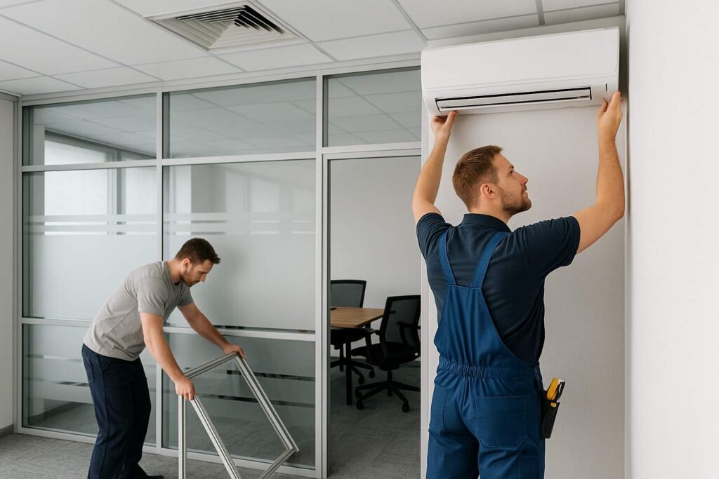 Technicians relocating office partition walls while adjusting a wall-mounted air conditioner in a modern office with ceiling duct vents