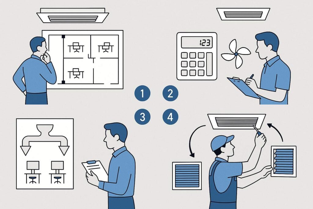 Schematic illustration showing office layout changes with partition walls, recalculating airflow and heat load, redesigning ductwork, and relocating ceiling grilles