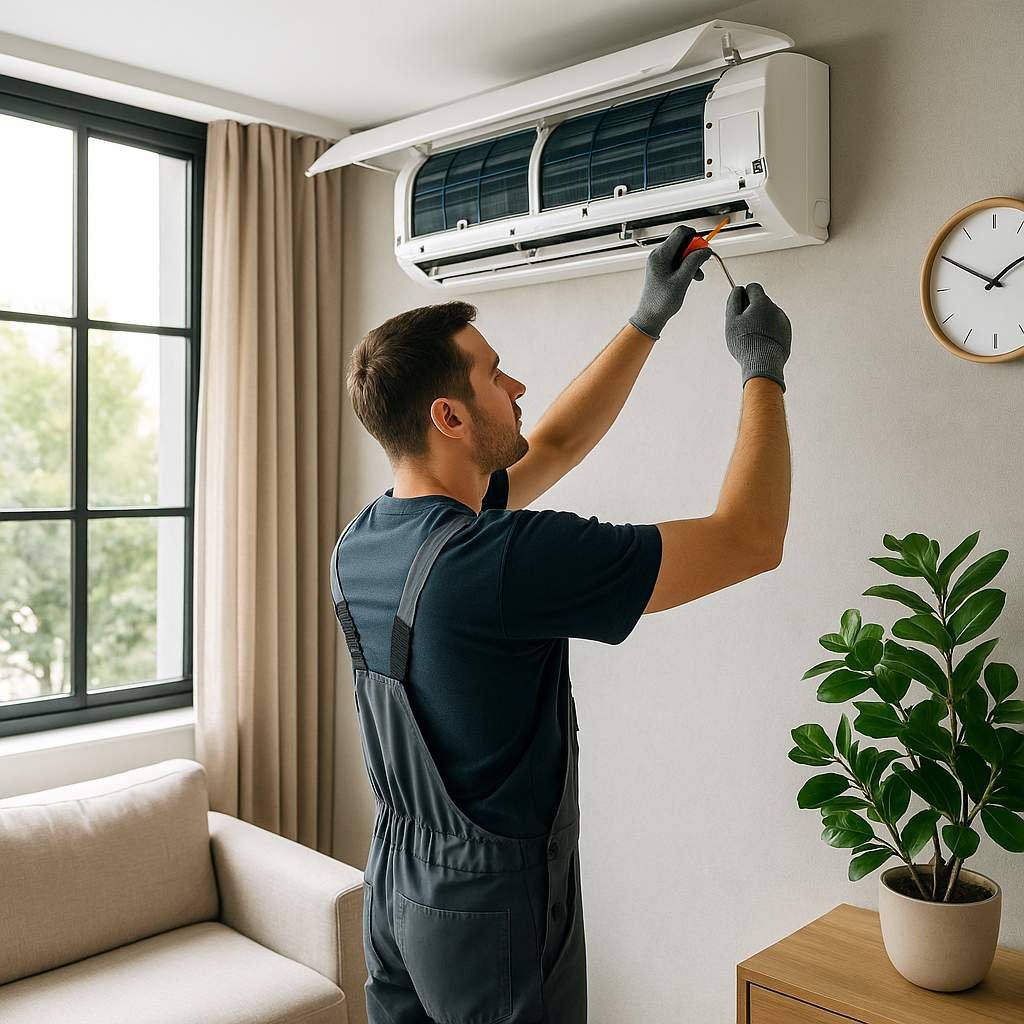 Super realistic image of a technician performing regular maintenance on a wall-mounted air conditioner in a modern living room with stylish furniture and natural light.
