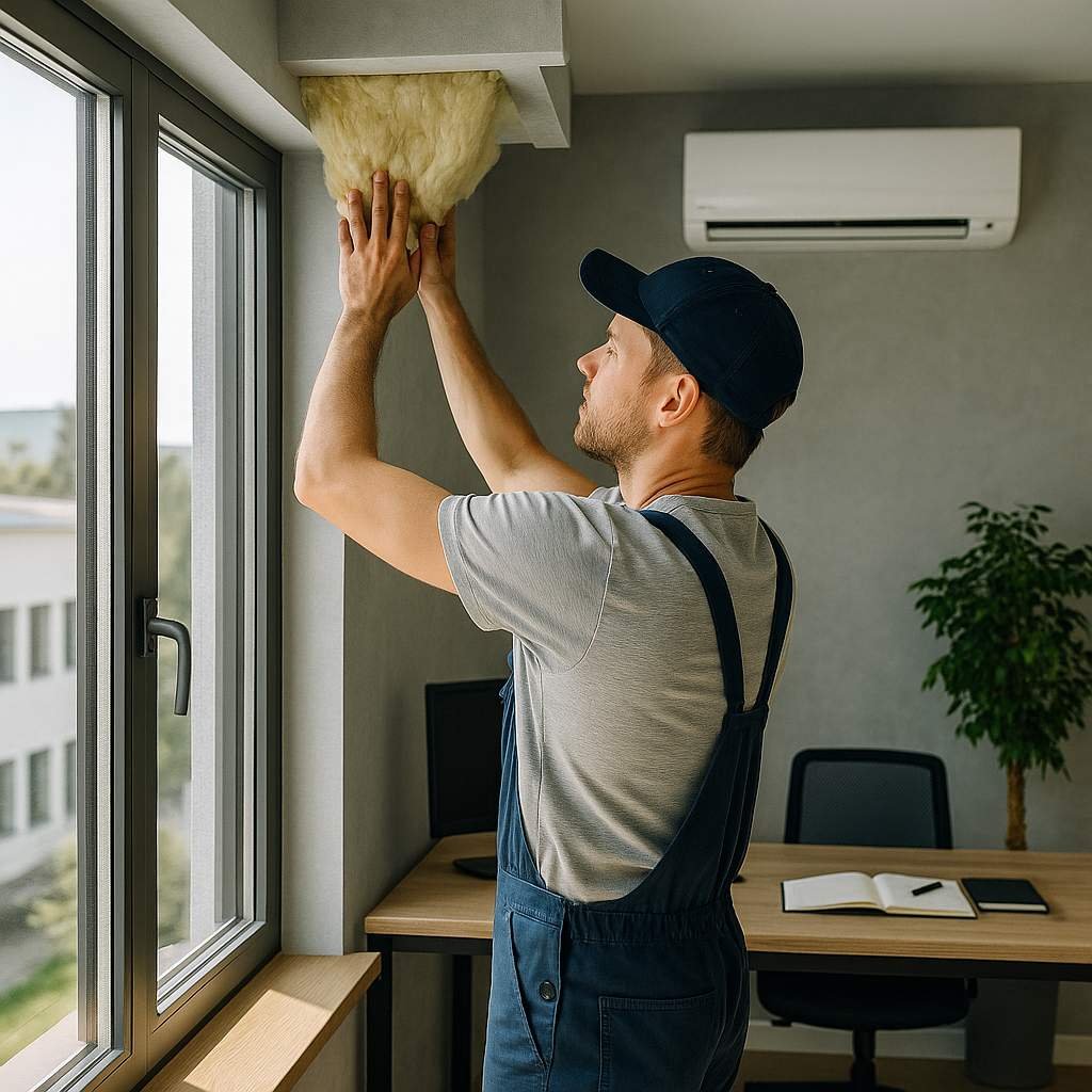 Super realistic image of a technician installing insulation around a window in a modern office with a wall-mounted air conditioner and stylish furniture.