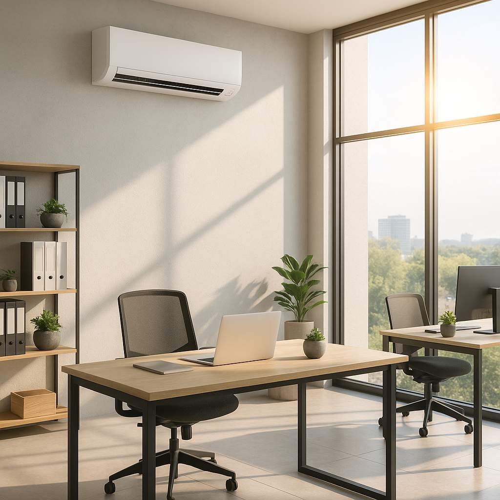 Super realistic image of a luxury modern business office with a wall-mounted energy-efficient air conditioner, sunlight, and eco-friendly design elements.