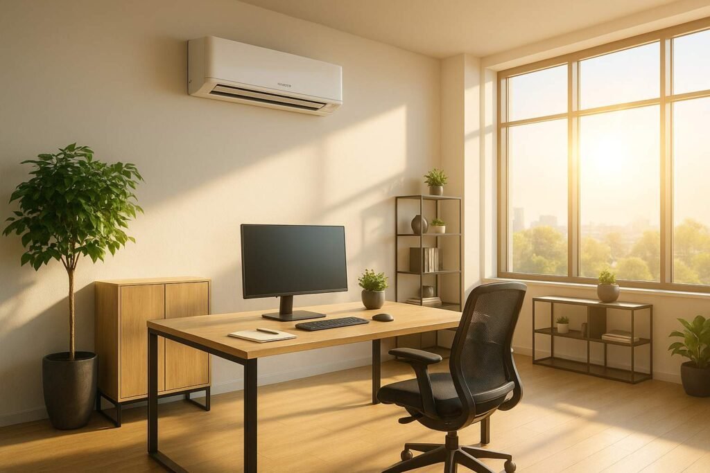 Super realistic image of a luxury modern business office with one split air conditioner on the wall, large windows, sunlight, and premium furniture.