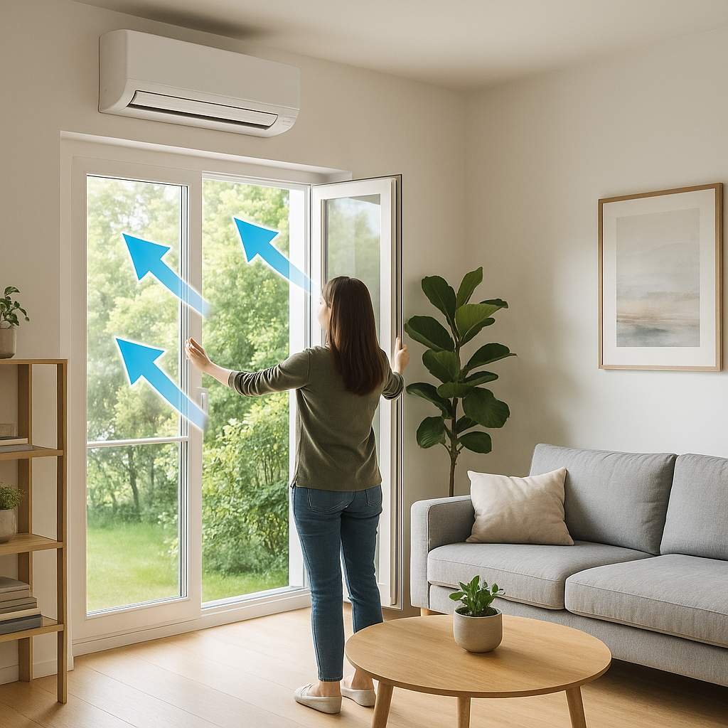 Super realistic image of a modern living room with a woman opening large windows to allow fresh air inside, with a wall-mounted air conditioner above and indoor plants enhancing air quality.