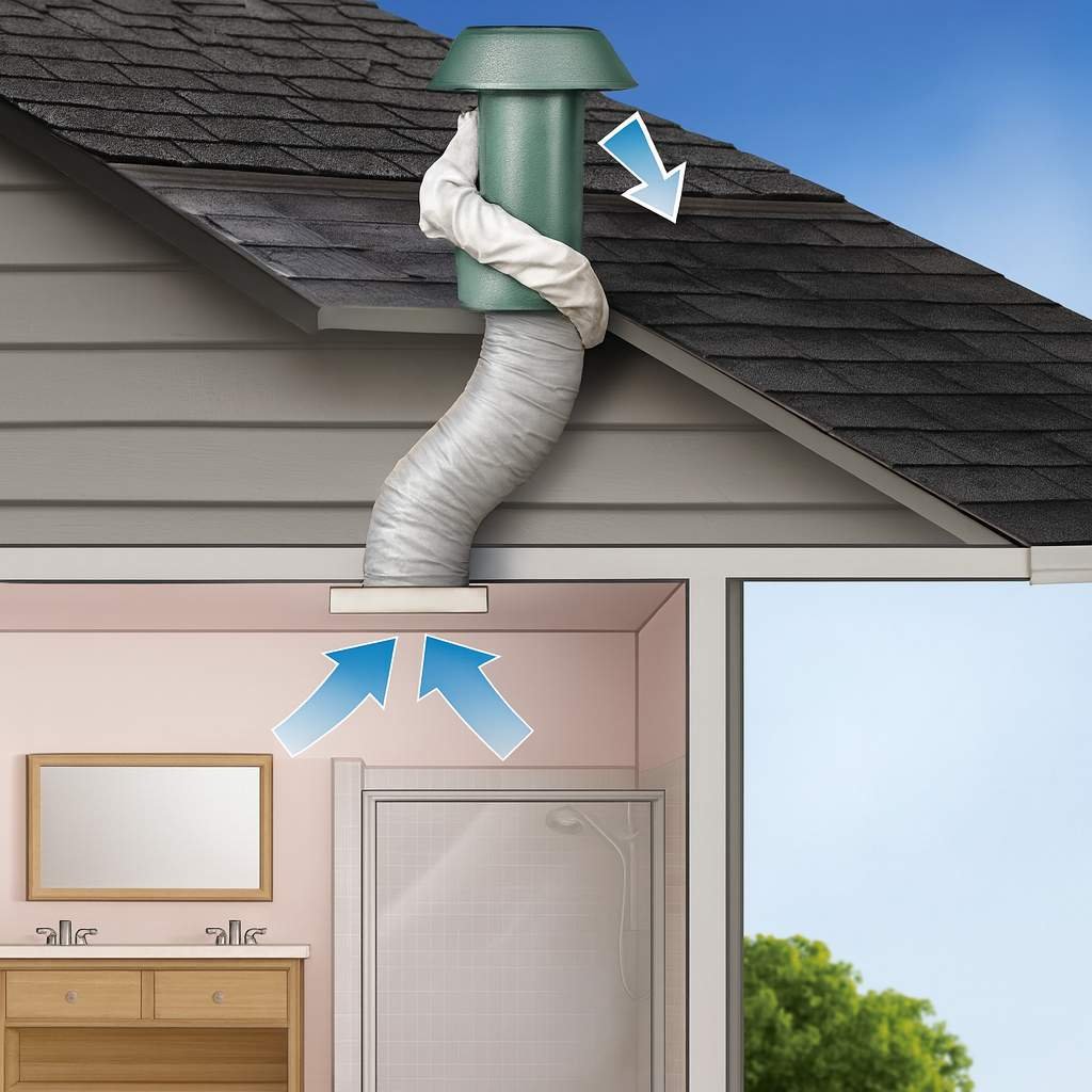 Realistic cross-sectional illustration showing airflow testing and commissioning of a bathroom ceiling fan with ducting vented through the roof.