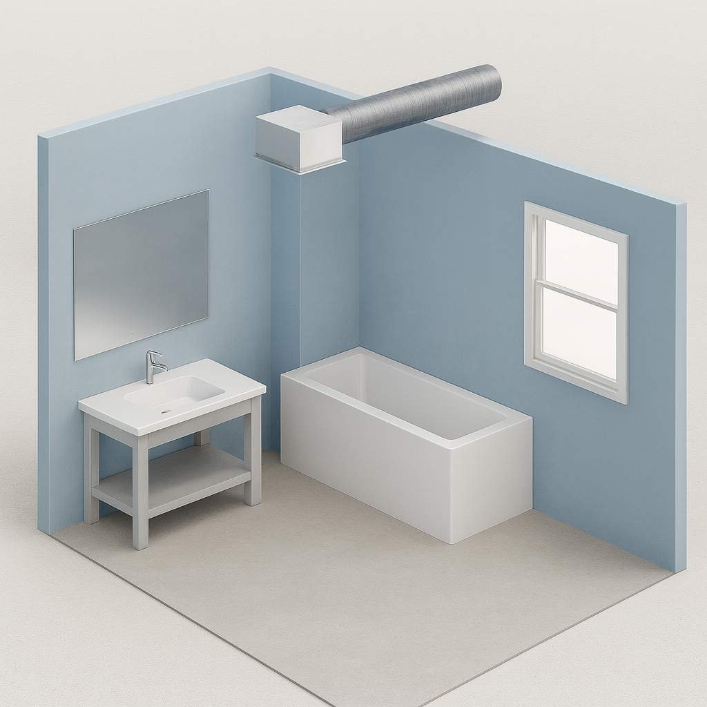 Realistic illustration of a ceiling mounted header box fan installed above a bathroom ceiling for efficient ventilation.
