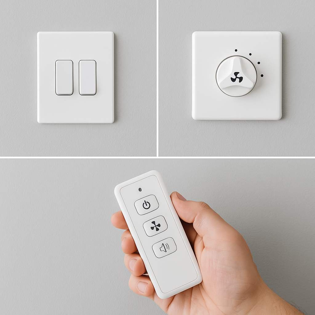 Realistic illustration showing fan control options including a wall switch, speed control dial, and handheld remote.