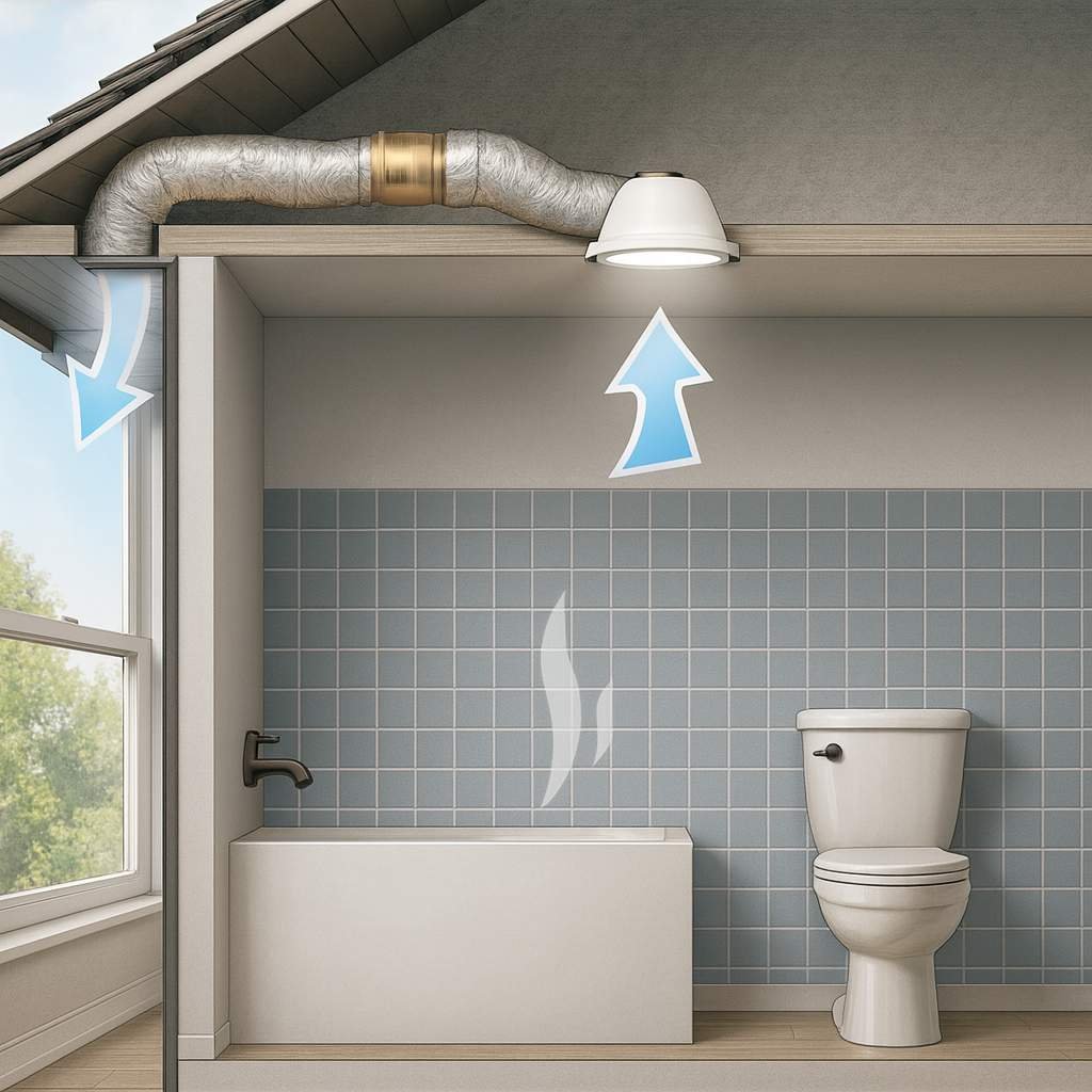 Realistic cross-sectional illustration of a bathroom showing ceiling mounted exhaust fan with ductwork venting to the outside.
