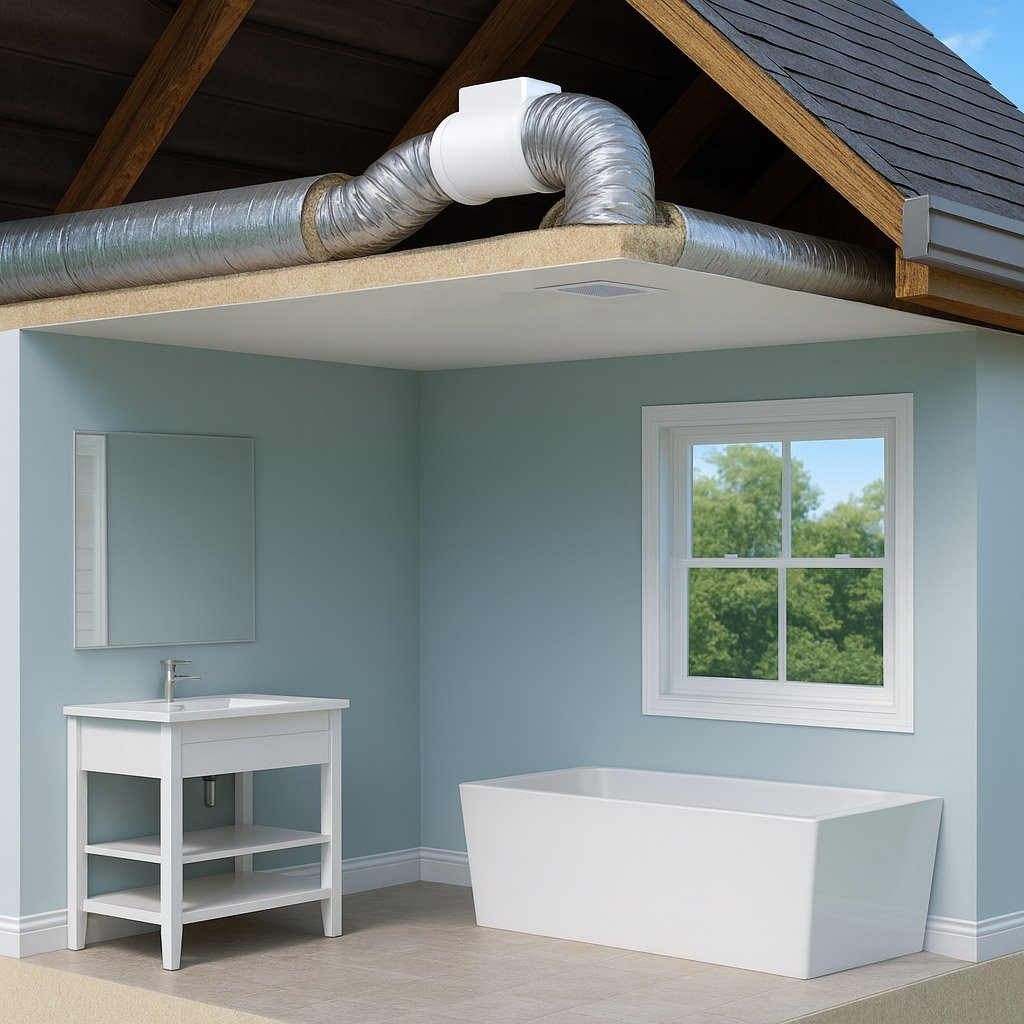 Realistic illustration of an inline fan installed in the ceiling roof cavity, connected with insulated ductwork for bathroom ventilation.