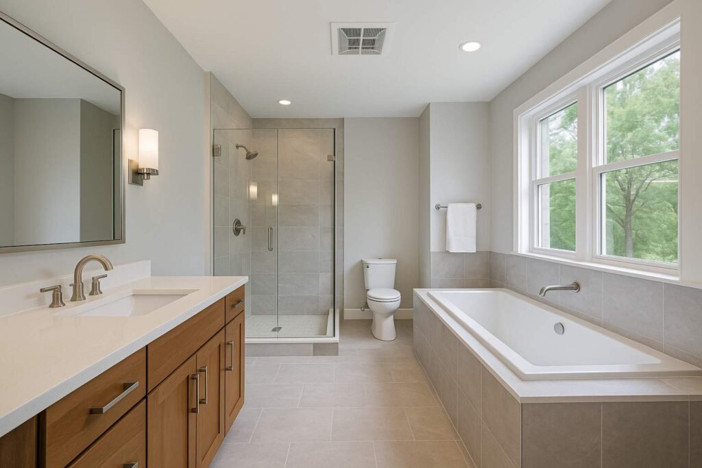 Super realistic image of a modern luxury bathroom with a ceiling mounted ventilation fan above the bathtub and shower area.