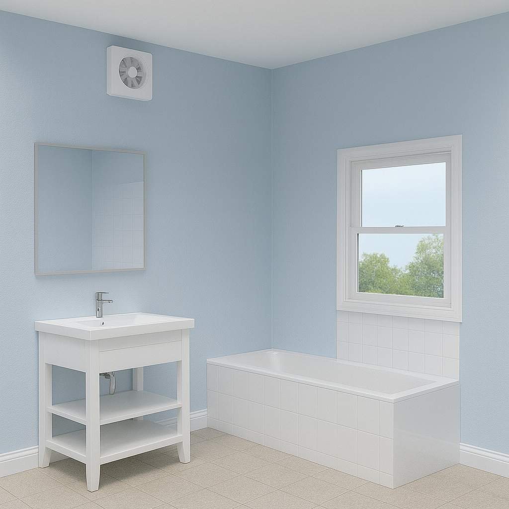 Realistic illustration of a wall mounted exhaust fan installed at the top of the left bathroom wall above the vanity area.