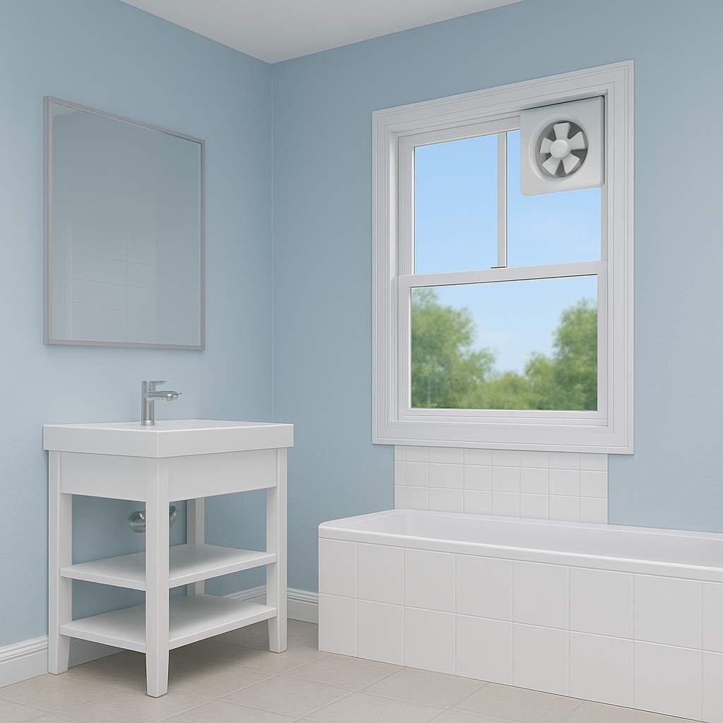 Realistic illustration of a window mounted exhaust fan positioned at the top right corner of a bathroom window, providing direct ventilation to the outside.