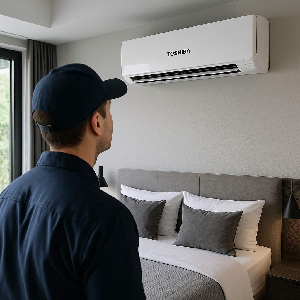 Technician installing Toshiba air conditioner in a modern room