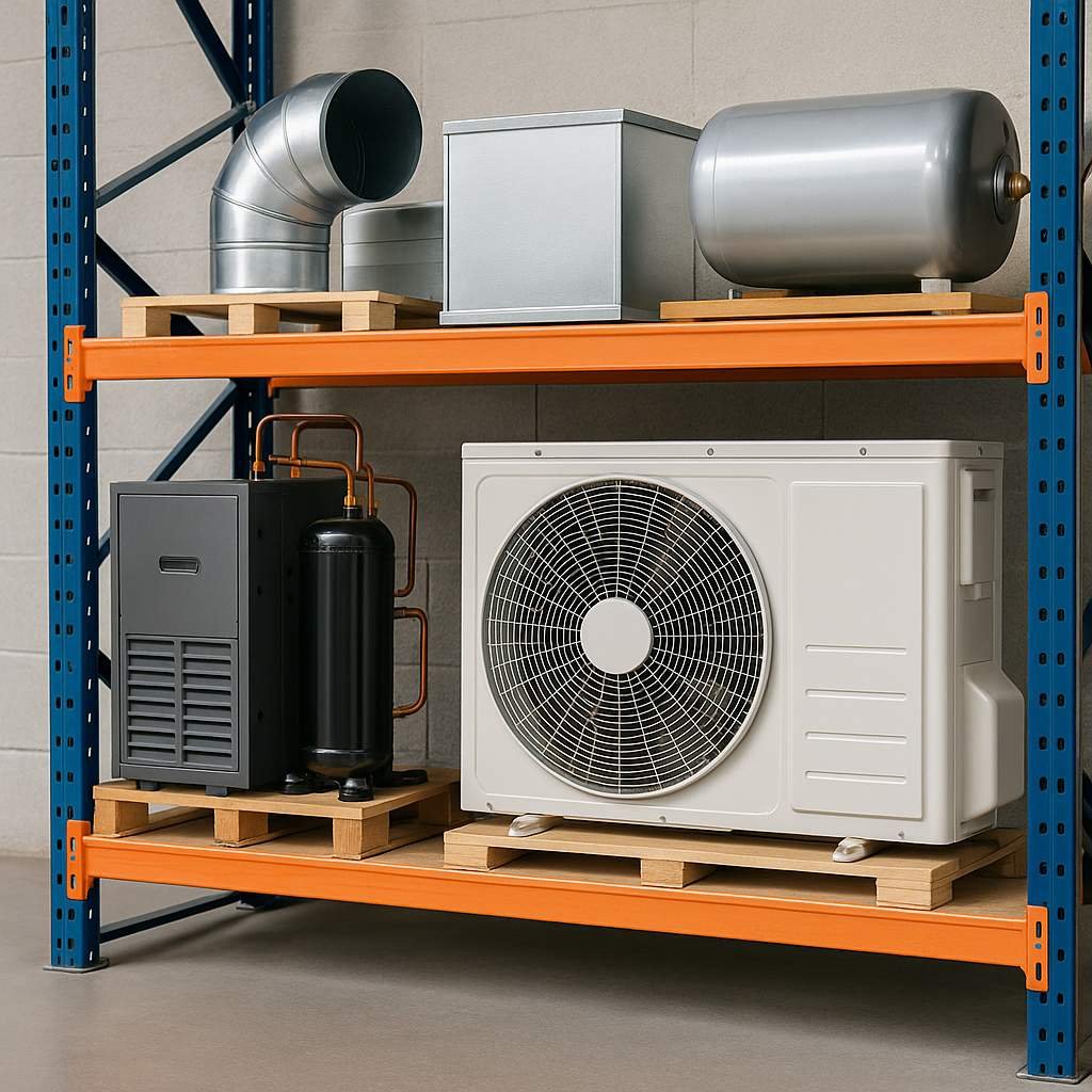 Super realistic image showing various HVAC components including ducts, filters, vents, and thermostats arranged on a clean modern surface.