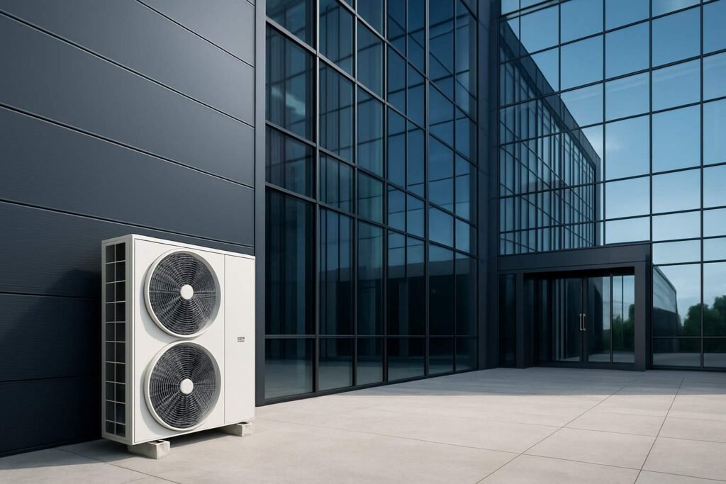 Super realistic image of a large modern glass and metal commercial building with a large outdoor air conditioning unit placed near one of the walls.