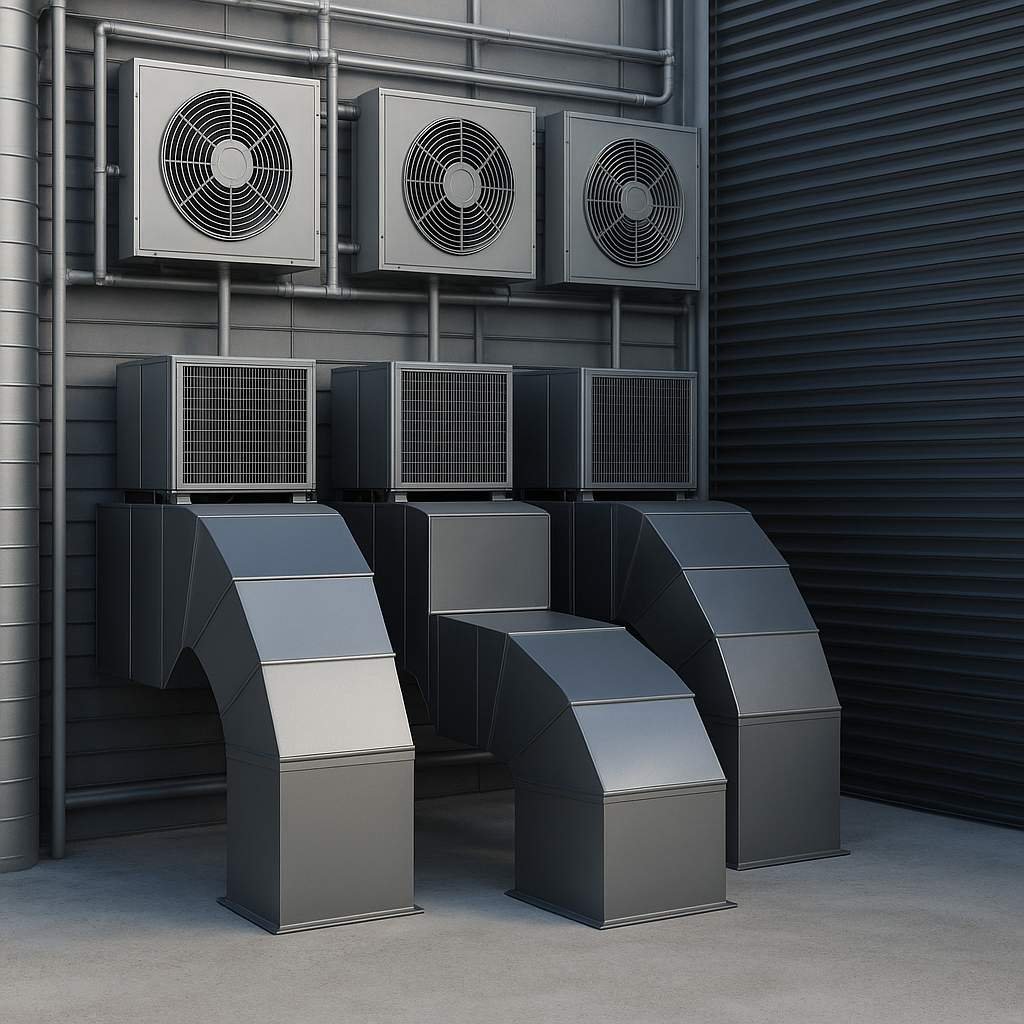 Super realistic image showing a modern integrated HVAC and ventilation system with large ducts, vents, and fans on a commercial rooftop.