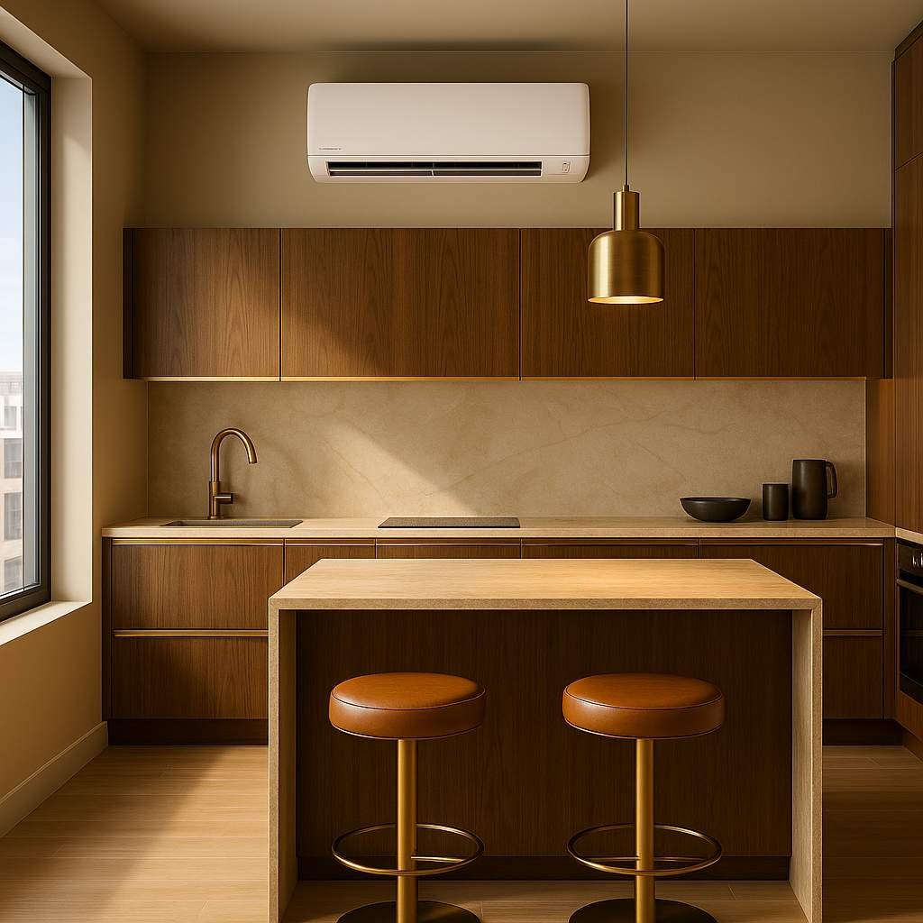 Super realistic image of a luxury modern kitchen with golden and brown tones and one wall-mounted air conditioner above the counter.