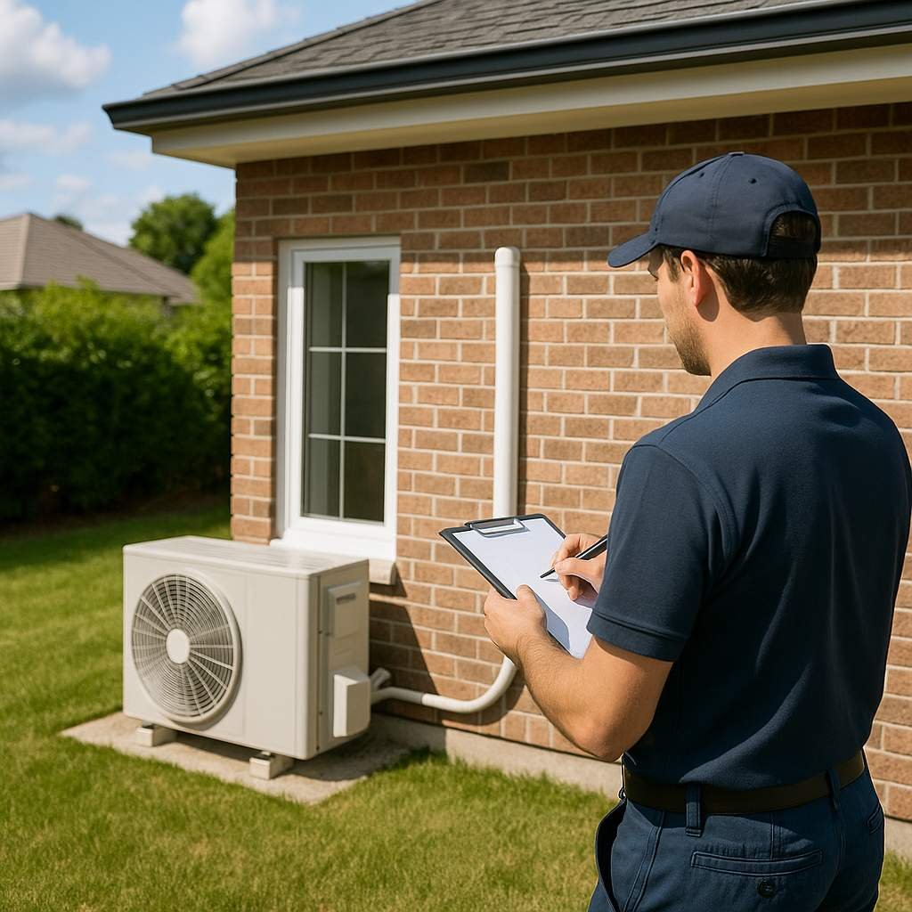 Super realistic image of an HVAC technician using a tablet to perform a site assessment and design an air conditioning system inside a modern home.