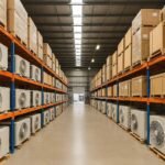 Super realistic image of a large warehouse with neatly packed air conditioning systems stored on industrial metal shelves under bright lighting.