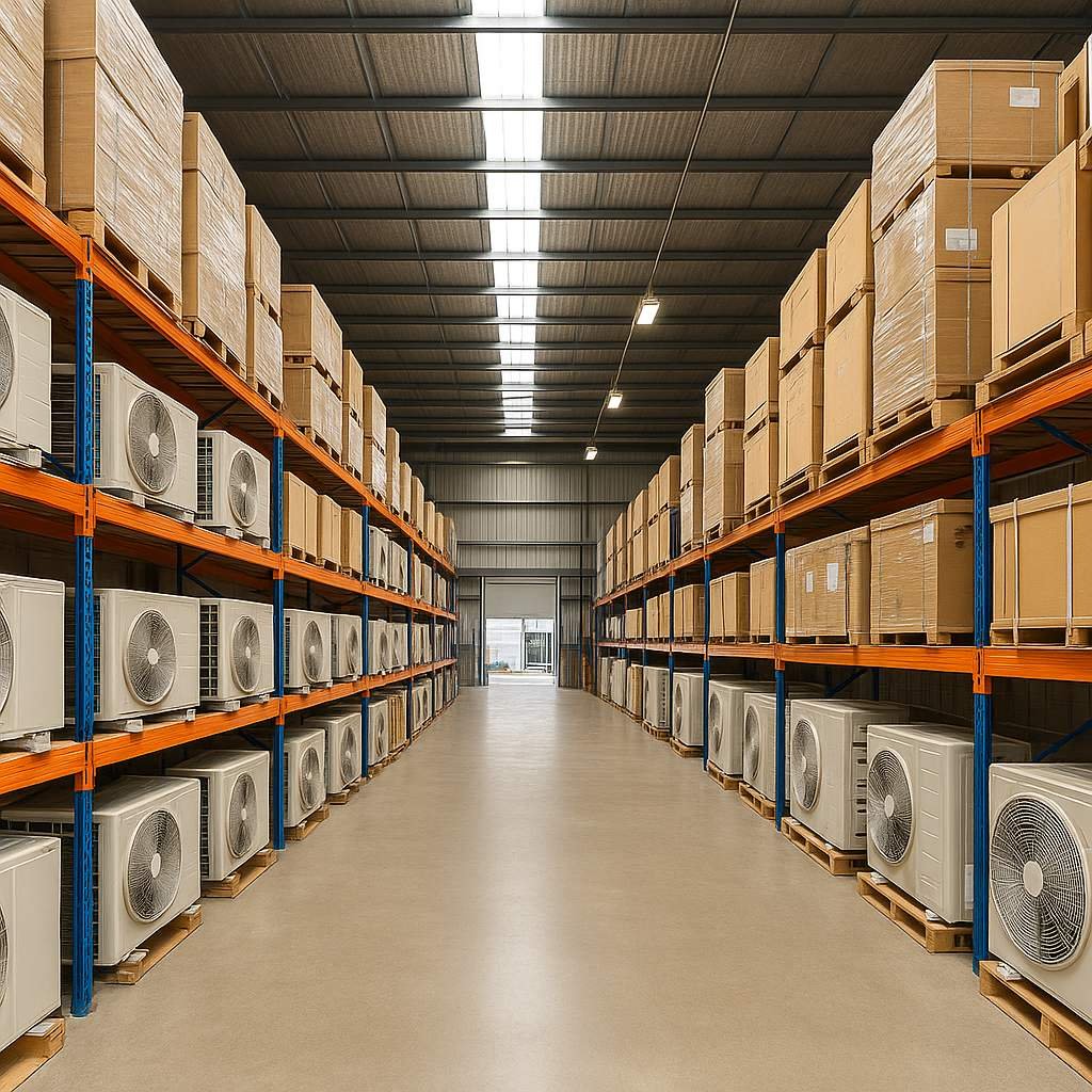 Super realistic image of a large warehouse with neatly packed air conditioning systems stored on industrial metal shelves under bright lighting.