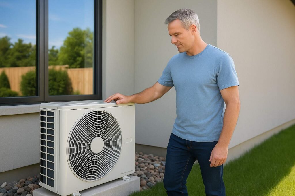 Super realistic image of a technician inspecting a clean outdoor air conditioning unit beside a modern home on a bright sunny day.