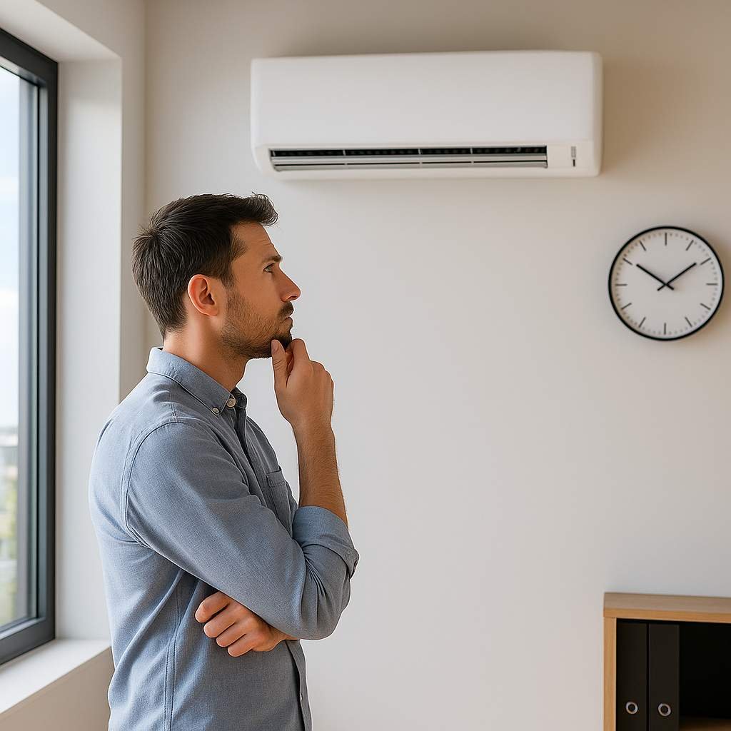 Super realistic image of a man standing thoughtfully in front of a wall-mounted air conditioner in a modern, bright room with natural light.
