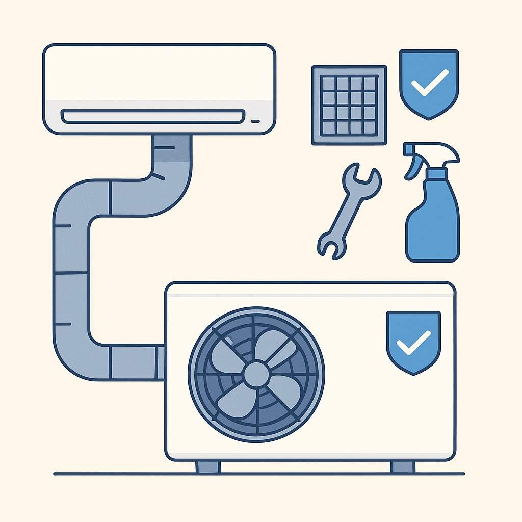 Schematic illustration showing air conditioning maintenance items including filter cleaning, duct inspection, fan checks, and refrigerant testing for split and ducted systems.