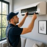 Super realistic image of an HVAC technician inspecting and cleaning a wall-mounted air conditioner in a modern home interior.