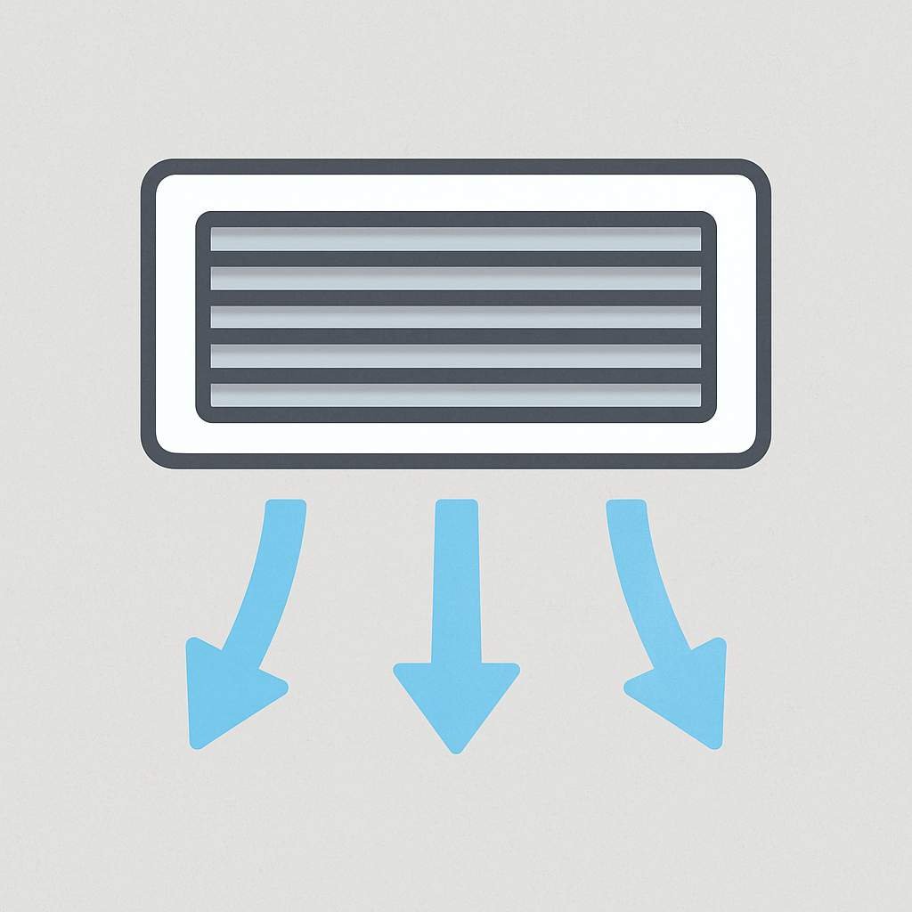 Simple schematic illustration showing a ceiling duct grill with airflow arrows representing air distribution in an air conditioning system.