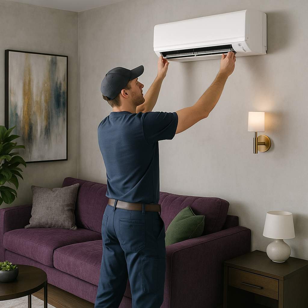 Super realistic image of an HVAC technician repairing a wall-mounted air conditioner in a luxury lounge room with silver, purple, and green decor.
