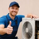 Super realistic image showing a homeowner inspecting a clean outdoor air conditioning unit beside a modern home on a bright sunny day.