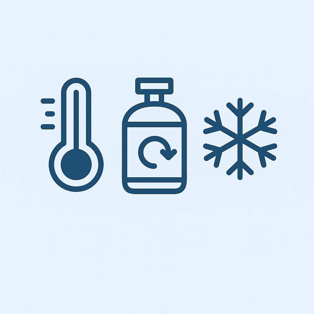 Simple schematic illustration showing refrigerant-related components such as compressor, coils, and refrigerant lines in an air conditioning system.