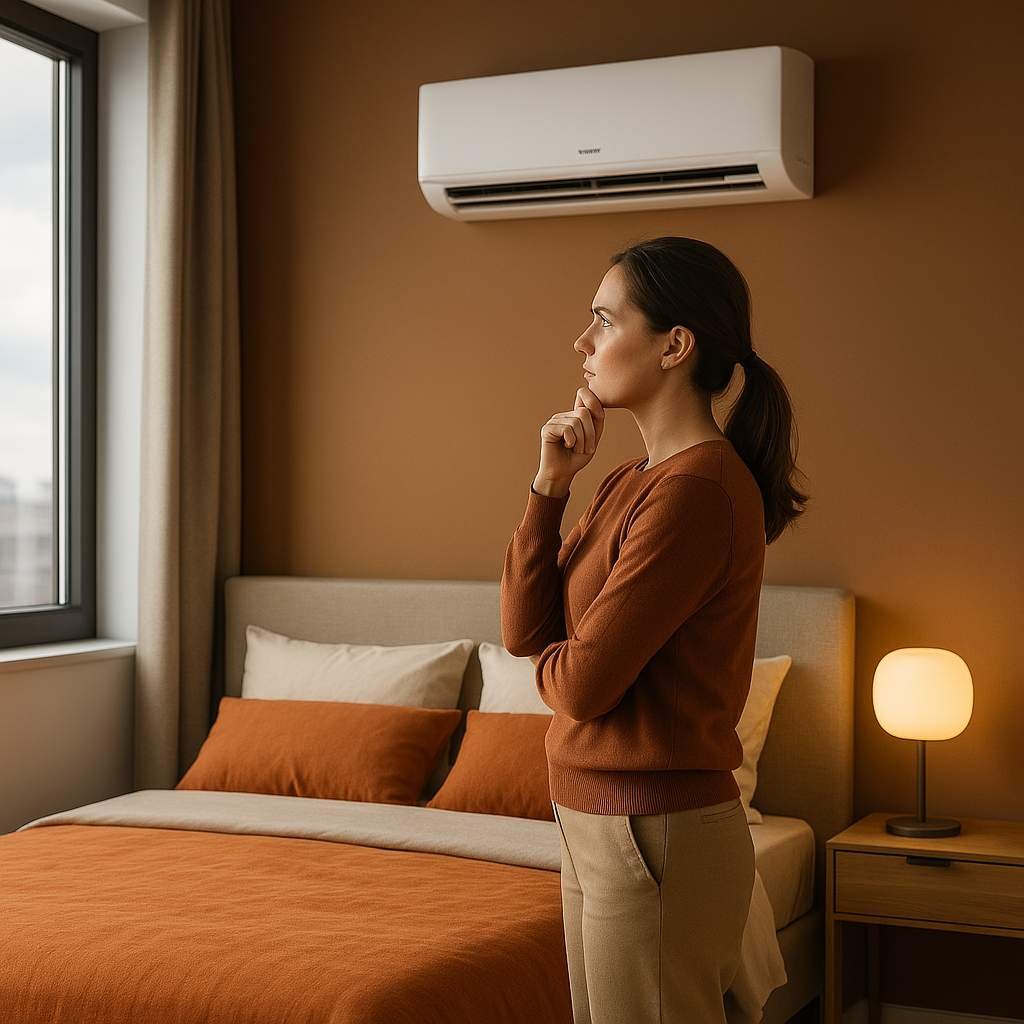 Super realistic image of a person standing thoughtfully in front of a wall-mounted air conditioner in a modern luxury bedroom with brown and orange tones.