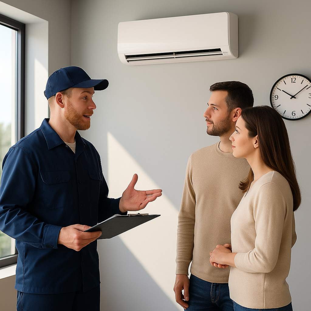 Super realistic image of an HVAC technician explaining air conditioner repairs to homeowners in a modern living room with a wall-mounted AC unit.