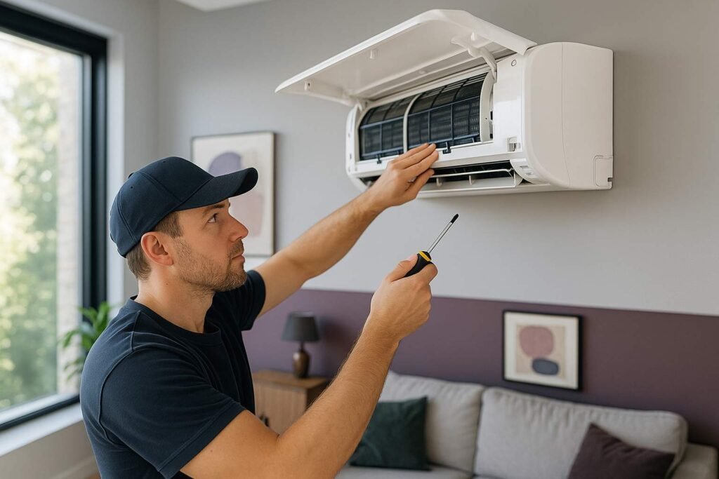 Super realistic image showing a professional HVAC technician performing air conditioner repair in a modern home with a wall-mounted AC unit.