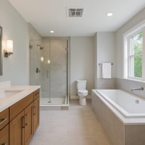 Super realistic image of a modern luxury bathroom with a ceiling mounted ventilation fan above the bathtub and shower area.