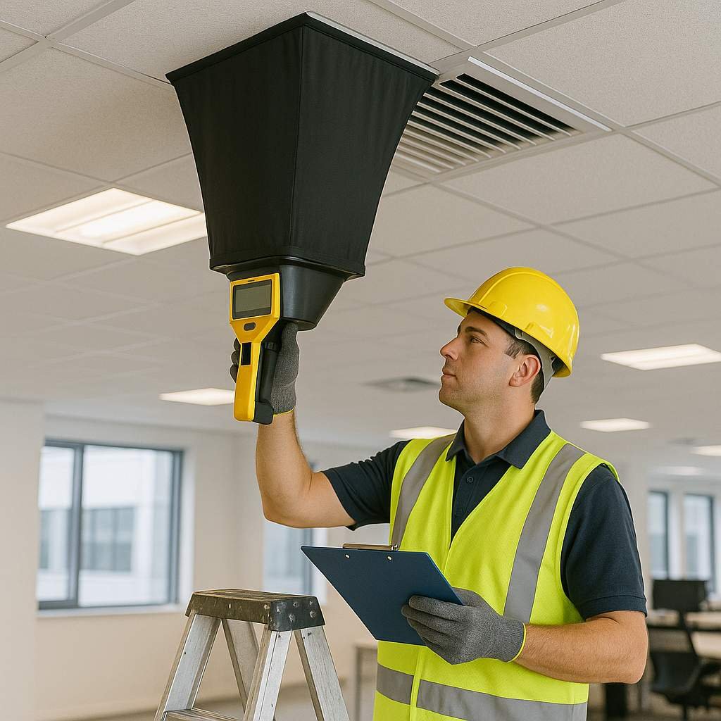HVAC technician balancing airflow at a ducted AC supply grille in a modern Sydney office using a balometer.
